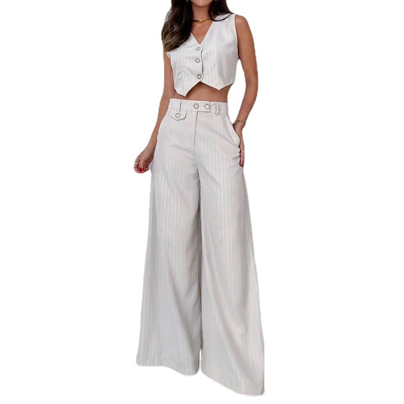 Fashion V-neck Striped High Waist Wide Leg Pants - Image 10