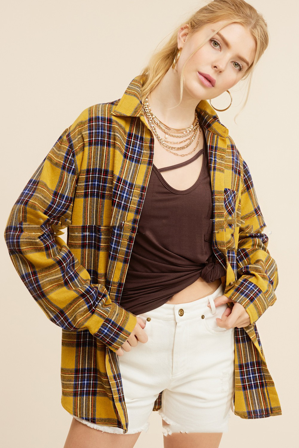 Spring And Autumn Women's Fashion Polo Collar Pocket Single-breasted Plaid Shirt - Image 10