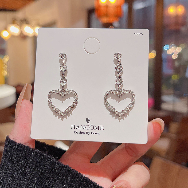 Sterling Silver Needle Sparkling Full Rhinestone Love Heart Earrings Female Ins - Image 4