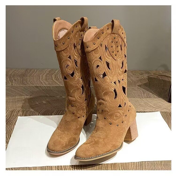 Fashion Middle Chunky Heel V Cut Embroidery Hollow Out Western Cowboy Boot - Image 6