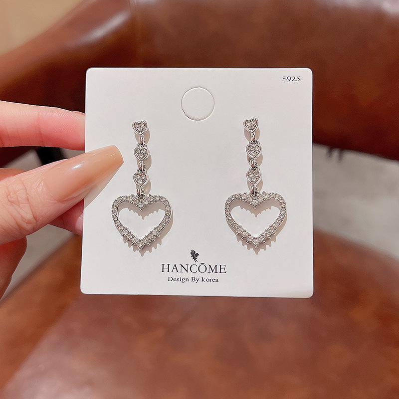 Sterling Silver Needle Sparkling Full Rhinestone Love Heart Earrings Female Ins - Image 2