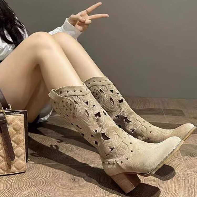 Fashion Middle Chunky Heel V Cut Embroidery Hollow Out Western Cowboy Boot - Image 7