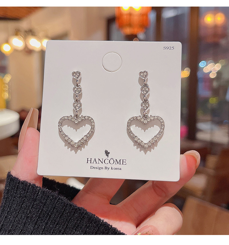 Sterling Silver Needle Sparkling Full Rhinestone Love Heart Earrings Female Ins - Image 9