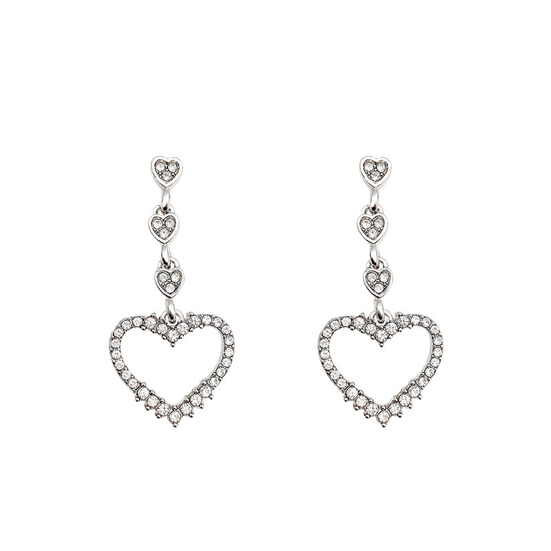 Sterling Silver Needle Sparkling Full Rhinestone Love Heart Earrings Female Ins - Image 5