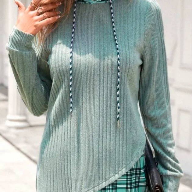 Knitted Stitching Contrast Color Jacquard Hooded Long Sleeve Sweater - Image 2