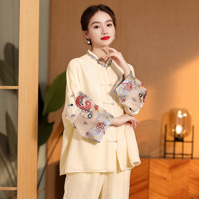 Embroidered Vintage Top Women's Stand Collar Improved Loose - Image 3