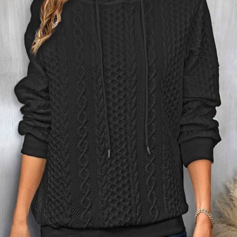 Plus Size Casual Jacquard Hooded Lace-up Long Sleeve Sweatshirt - Image 3