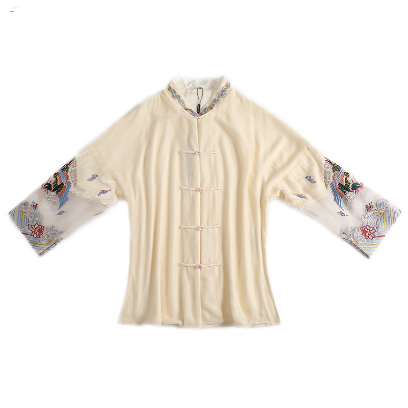 Embroidered Vintage Top Women's Stand Collar Improved Loose - Image 5