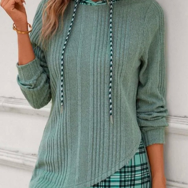 Knitted Stitching Contrast Color Jacquard Hooded Long Sleeve Sweater - Image 4