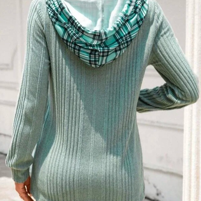 Knitted Stitching Contrast Color Jacquard Hooded Long Sleeve Sweater - Image 3