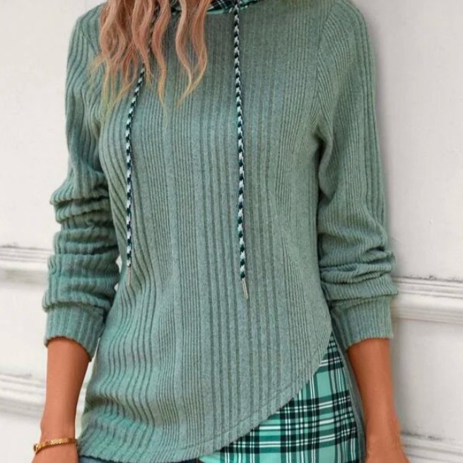 Knitted Stitching Contrast Color Jacquard Hooded Long Sleeve Sweater - Image 5