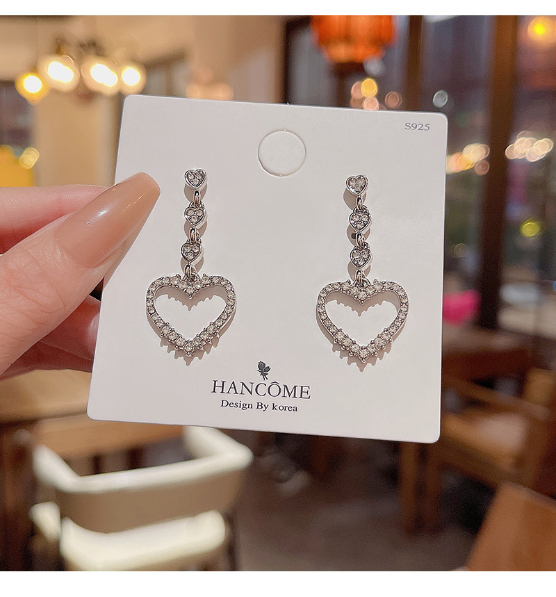 Sterling Silver Needle Sparkling Full Rhinestone Love Heart Earrings Female Ins - Image 10