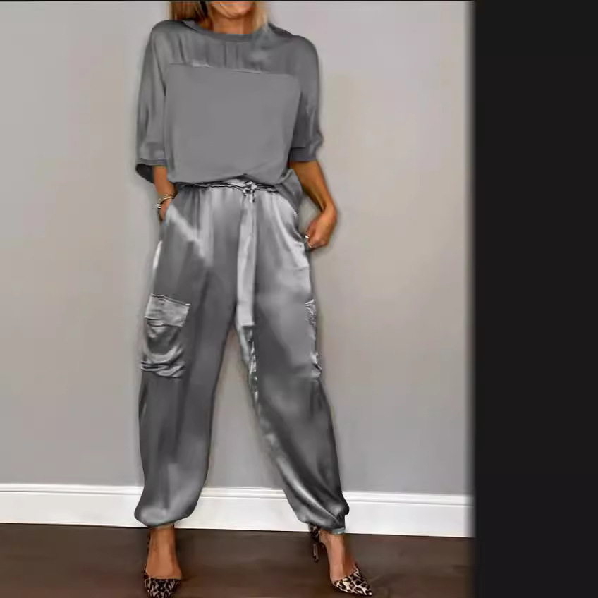 Smooth Satin Women's Short-sleeved Casual Pants Two-piece Set - Image 4