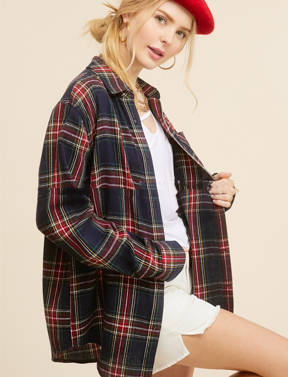 Spring And Autumn Women's Fashion Polo Collar Pocket Single-breasted Plaid Shirt - Image 5