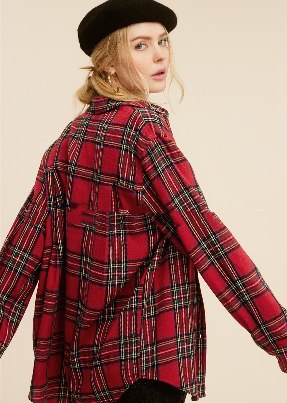 Spring And Autumn Women's Fashion Polo Collar Pocket Single-breasted Plaid Shirt - Image 2