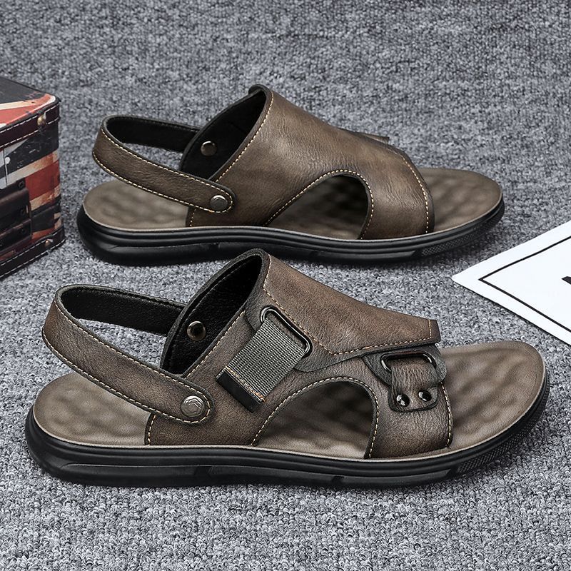 Mens Leather Thick-Soled Non-Slip Beach Casual Soft-Soled Sandals - Image 3
