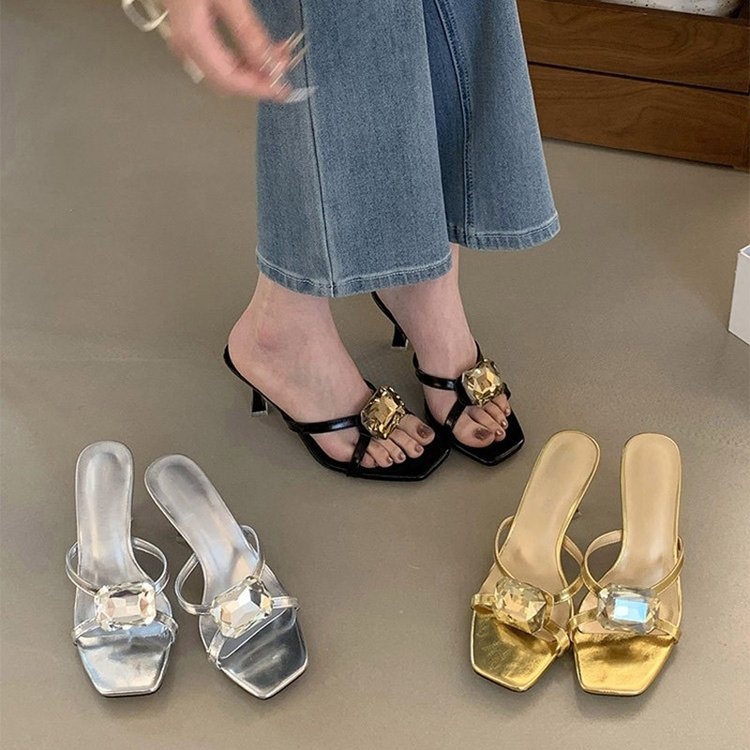 2026 Summer New Korean Style Stiletto Heel Slides For Women, Rhinestone Open Toe High Heel Mules, Dressy Sandals For Ladies