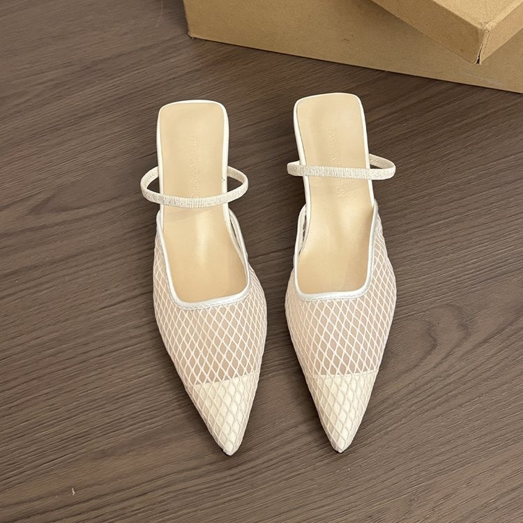 Women's Pink Mesh Pointed Toe Kitten Heel Mules, Breathable One Strap Closed Toe Slides, Fashion Low Heel Sandals For Office Daily Wear - Image 6