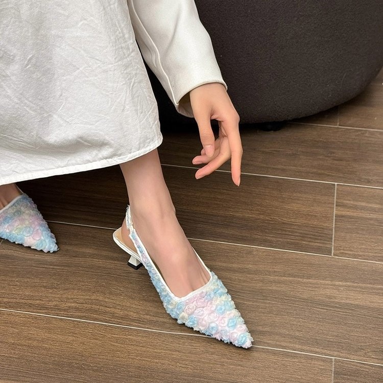 Women's French Style Lace Flower Closed Toe Sandals 2025 Summer New Pointed Toe Backless Slim High Heel Mule Sandals - Image 5