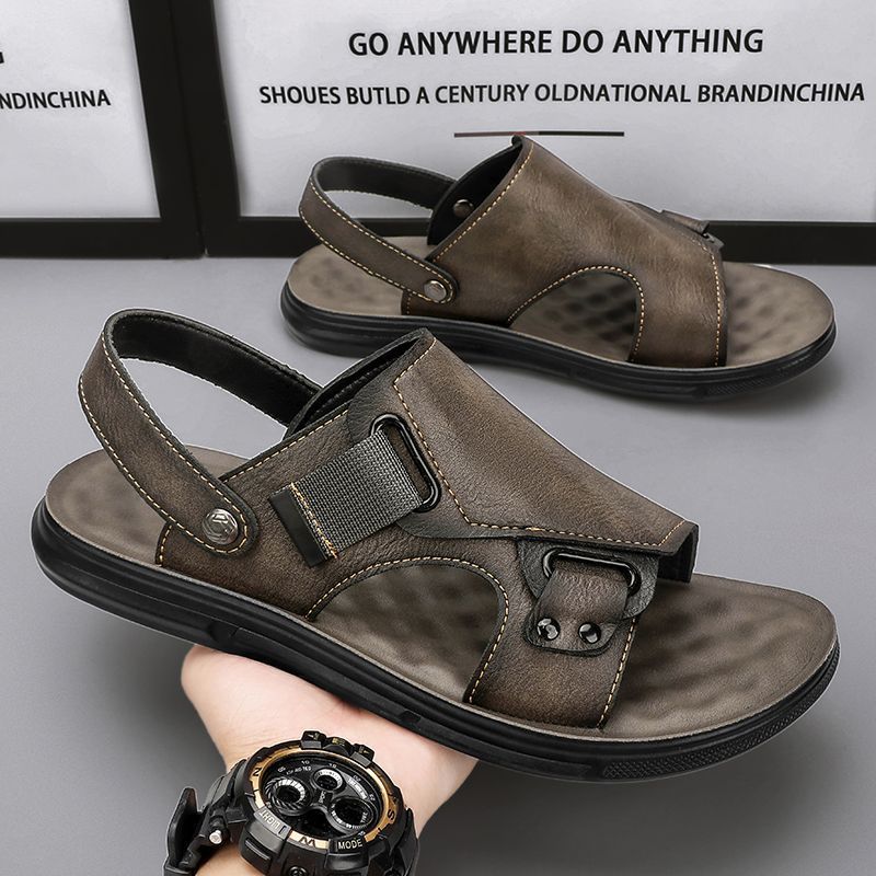 Mens Leather Thick-Soled Non-Slip Beach Casual Soft-Soled Sandals