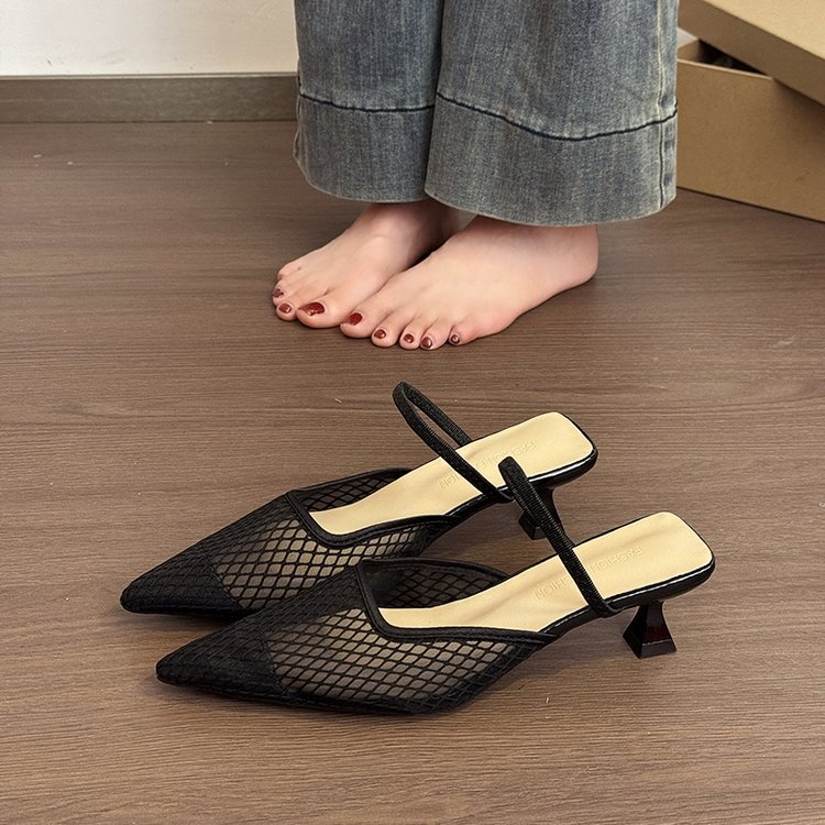 Women's Pink Mesh Pointed Toe Kitten Heel Mules, Breathable One Strap Closed Toe Slides, Fashion Low Heel Sandals For Office Daily Wear - Image 4