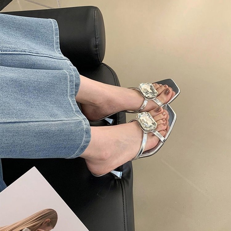 2026 Summer New Korean Style Stiletto Heel Slides For Women, Rhinestone Open Toe High Heel Mules, Dressy Sandals For Ladies - Image 4