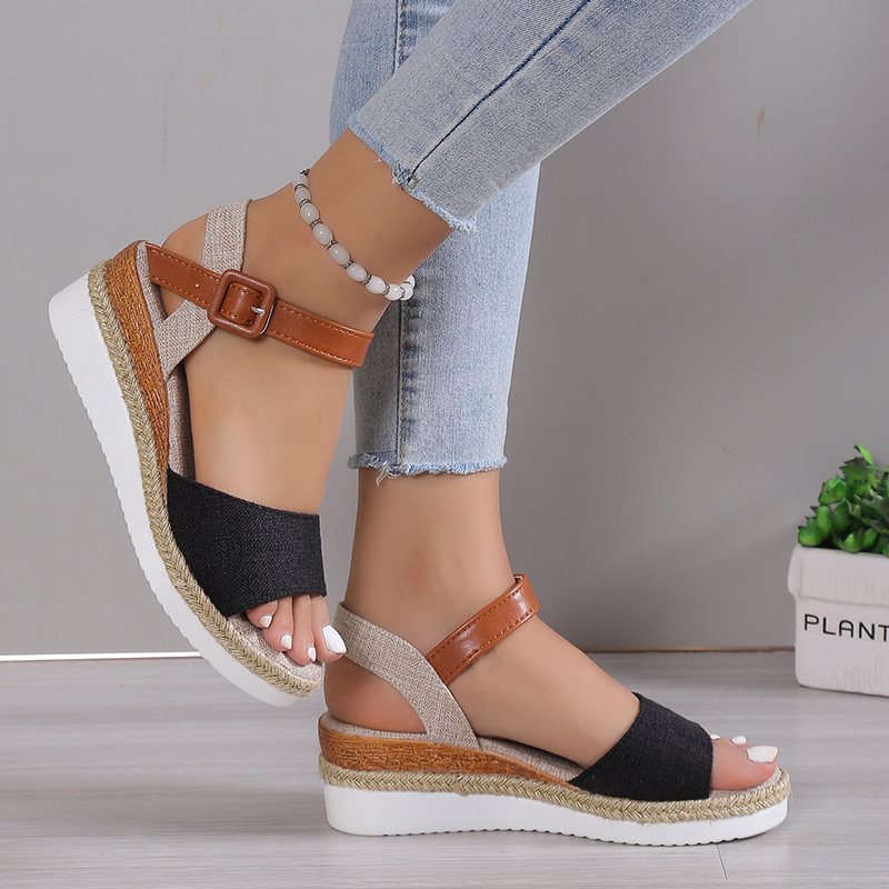 New Style Ankle-Strap Jute-Soled Lightweight Casual Fishmouth Wedge Sandals For Women - Image 3
