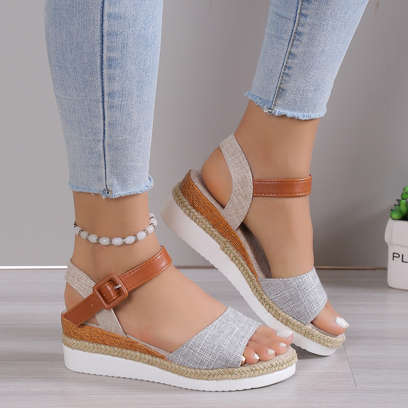 New Style Ankle-Strap Jute-Soled Lightweight Casual Fishmouth Wedge Sandals For Women - Image 2