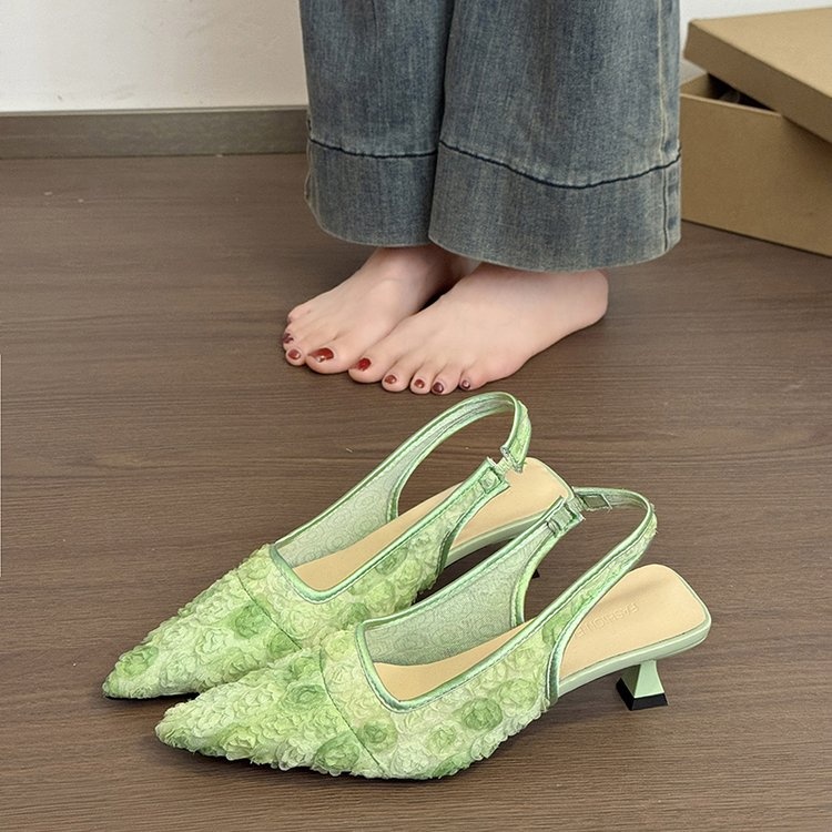 Women's French Style Lace Flower Closed Toe Sandals 2025 Summer New Pointed Toe Backless Slim High Heel Mule Sandals - Image 2