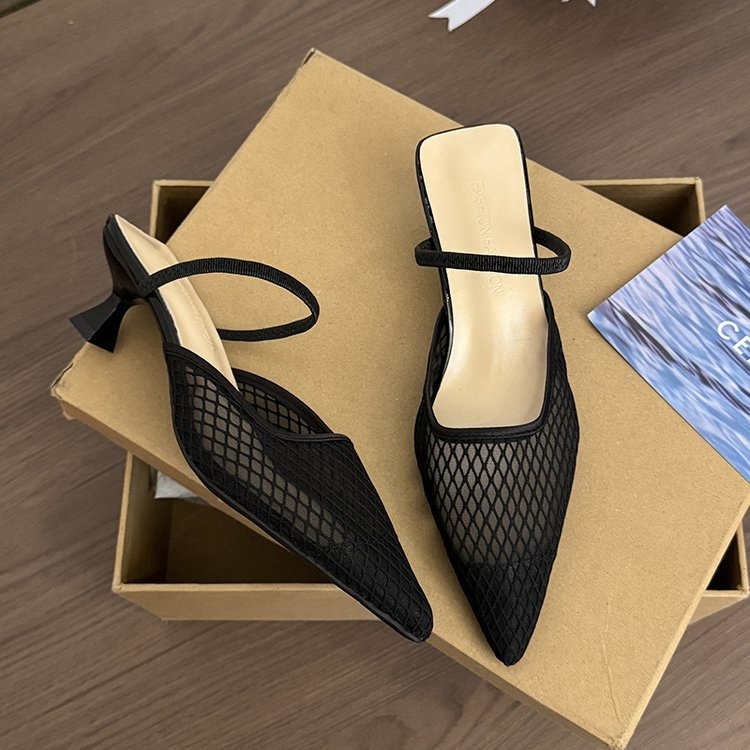 Women's Pink Mesh Pointed Toe Kitten Heel Mules, Breathable One Strap Closed Toe Slides, Fashion Low Heel Sandals For Office Daily Wear - Image 3