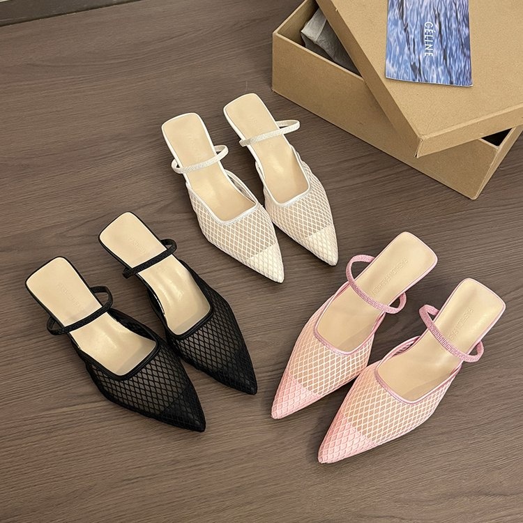 Women's Pink Mesh Pointed Toe Kitten Heel Mules, Breathable One Strap Closed Toe Slides, Fashion Low Heel Sandals For Office Daily Wear