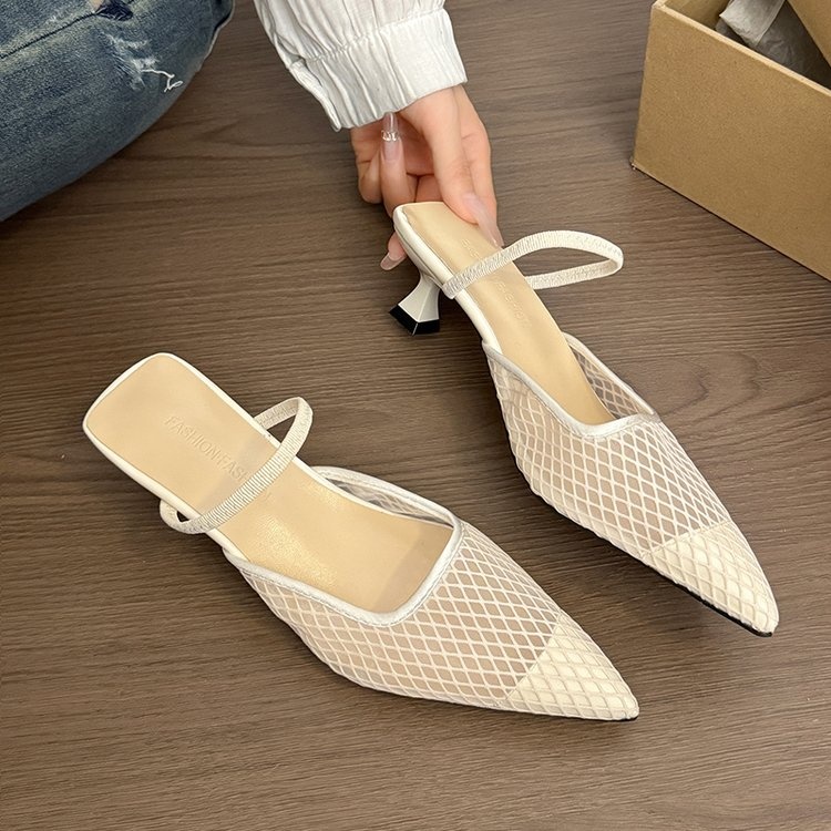 Women's Pink Mesh Pointed Toe Kitten Heel Mules, Breathable One Strap Closed Toe Slides, Fashion Low Heel Sandals For Office Daily Wear - Image 7