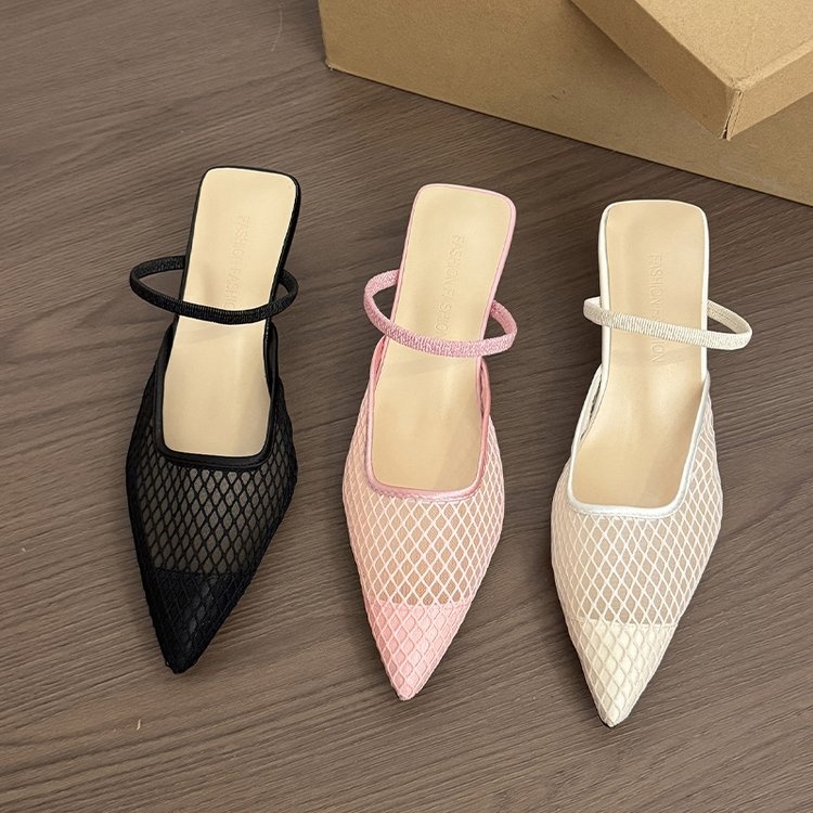 Women's Pink Mesh Pointed Toe Kitten Heel Mules, Breathable One Strap Closed Toe Slides, Fashion Low Heel Sandals For Office Daily Wear - Image 8