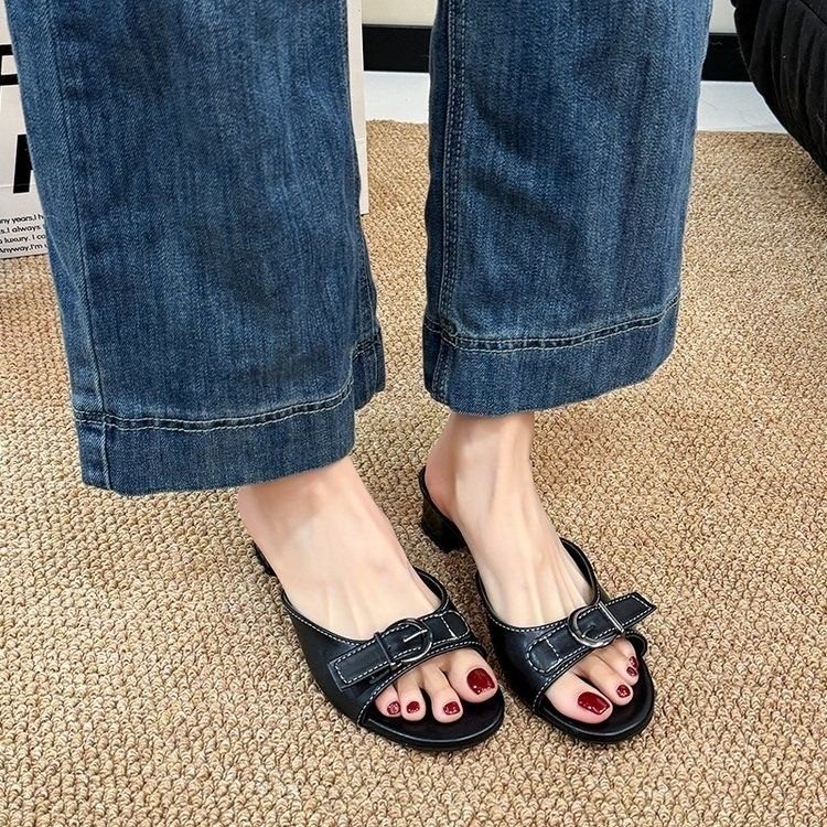 Vintage And Stylish Niche Belt-buckle Slide Sandals For Women, Summer Versatile Chunky Heel Simple Elegant Slippers - Image 2