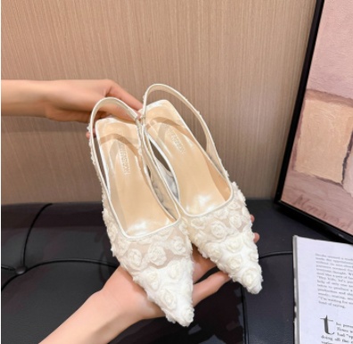 Women's French Style Lace Flower Closed Toe Sandals 2025 Summer New Pointed Toe Backless Slim High Heel Mule Sandals - Image 6