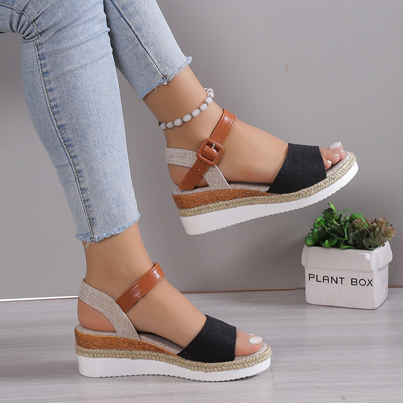 New Style Ankle-Strap Jute-Soled Lightweight Casual Fishmouth Wedge Sandals For Women - Image 4